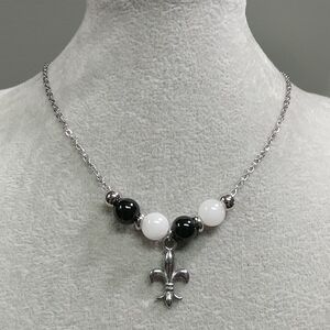 Fleur De Lis Onyx Jade Bead Necklace Natural Gemstone Stainless-Steel 17.5"